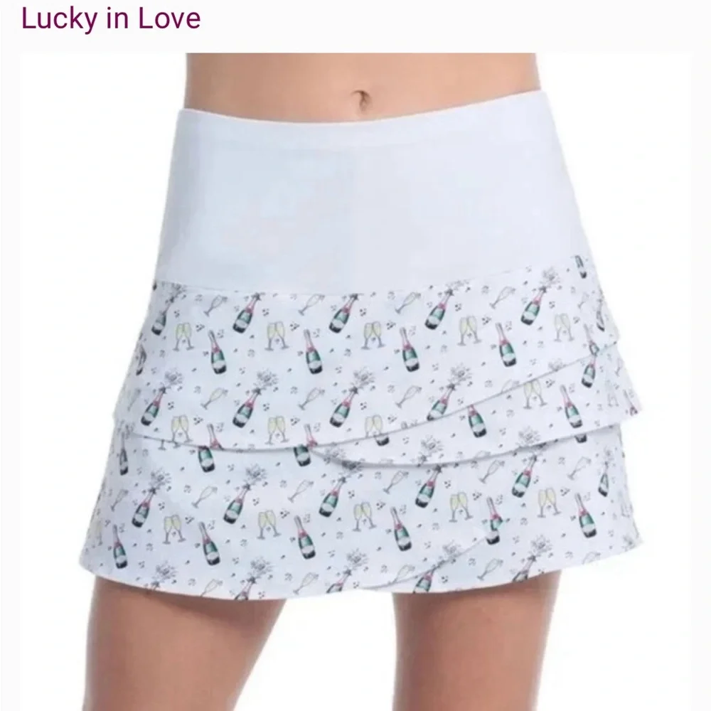 Lucky in Love White Champagne Patterned Women's Golf Pickleball Skort XL